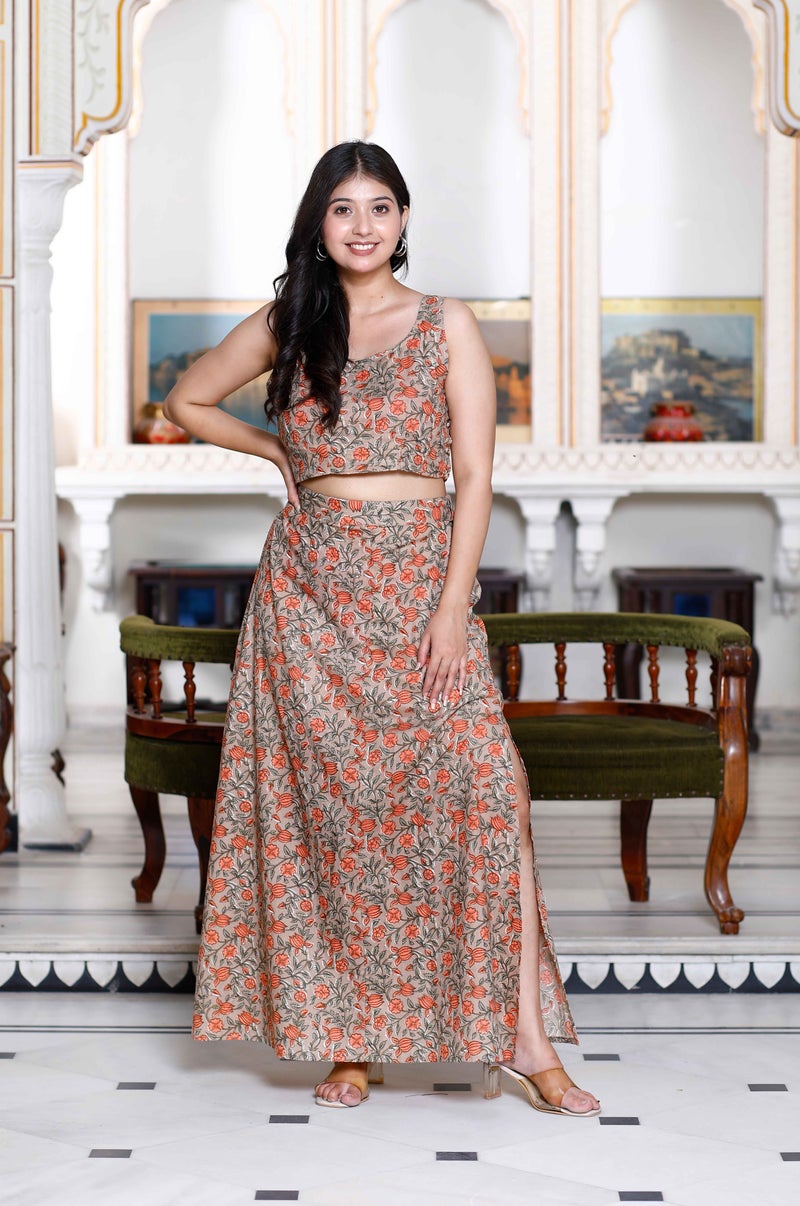 Miravan Floral Printed Crop Top And Skirt Co-Ord Set For Women - Image 1